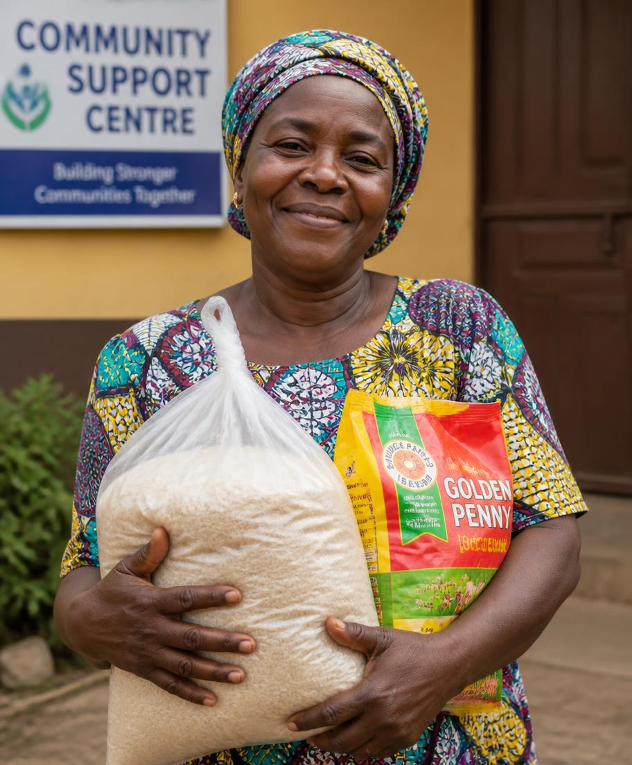 A beneficiary holding her food package
