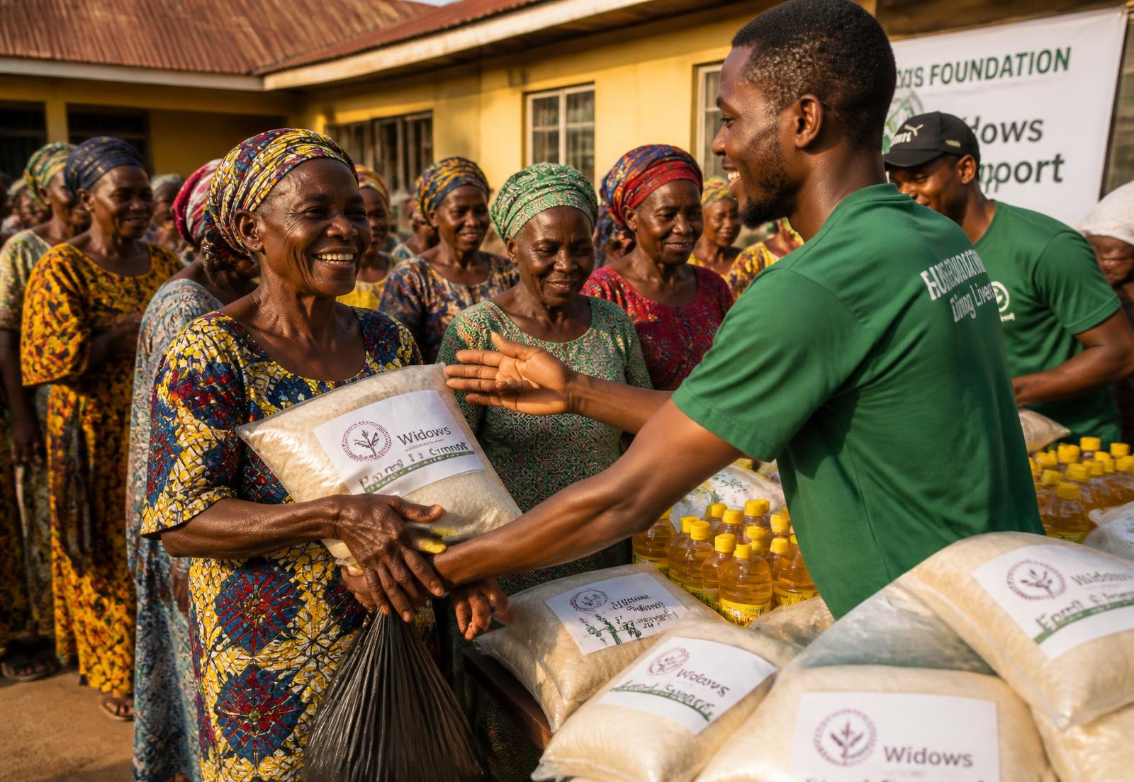 Beneficiaries smiling as they collect their food packages